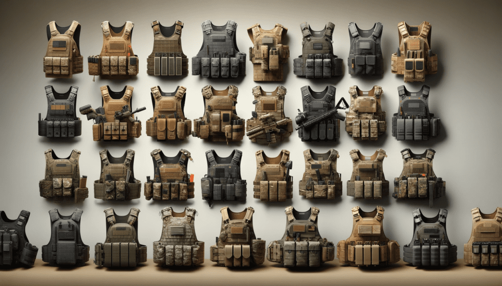 A 16_9 aspect ratio image showcasing various styles of Airsoft Tactical Vests. The image displays a lineup of different designs and colors of tactical