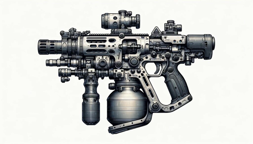 A detailed and realistic illustration of an airsoft flamethrower, designed to look both functional and suitable for airsoft gameplay. The flamethrower