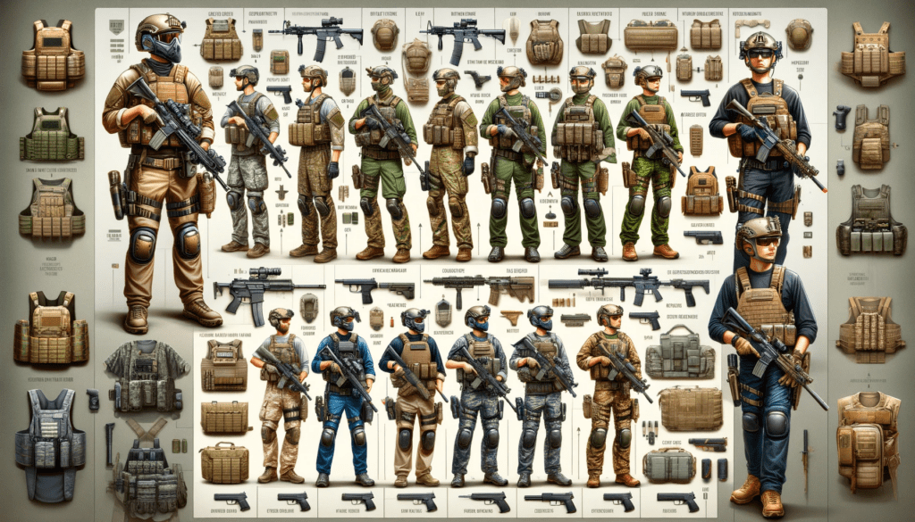 A detailed educational image illustrating various airsoft loadouts for enthusiasts. The scene shows a simulated battlefield or tactical training envir