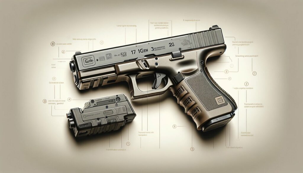 A realistic and detailed illustration of a Glock 17 Gen 3 Airsoft gun. The image focuses on showcasing the design and features of the airsoft gun, emp