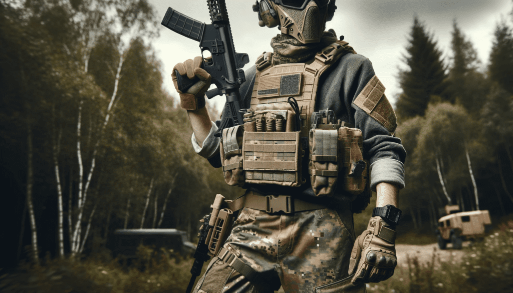 A realistic depiction of airsoft clothing in a 16_9 aspect ratio. The image features a person wearing typical airsoft gear, including a tactical vest