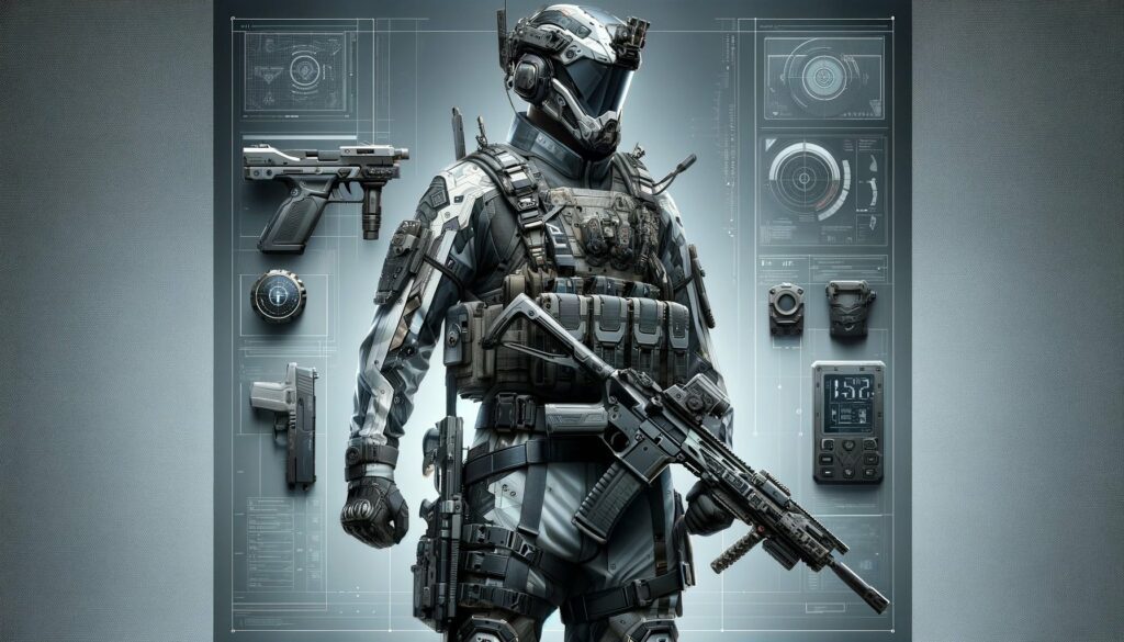 A visually striking illustration of a futuristic airsoft loadout. The image features a character dressed in advanced, high-tech combat gear, including