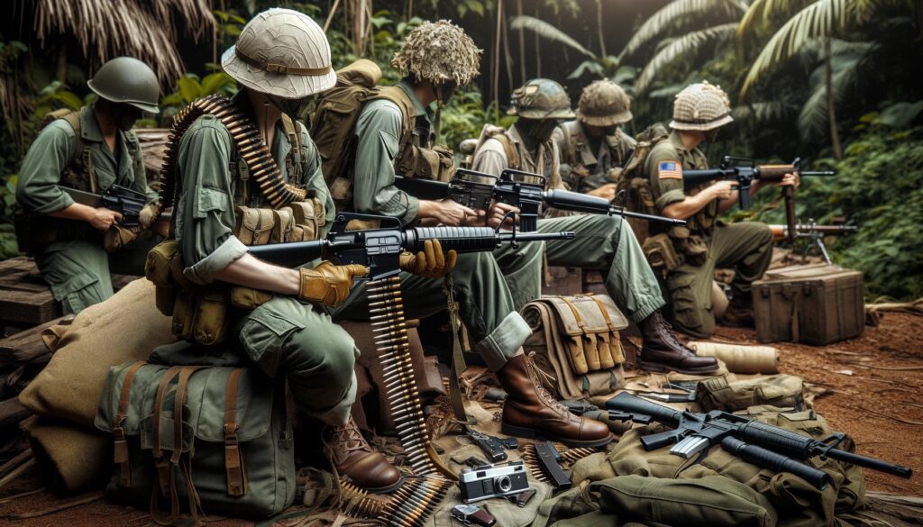 An image depicting an authentic airsoft Vietnam War era loadout. The scene includes individuals wearing vintage military uniforms and period-accurate