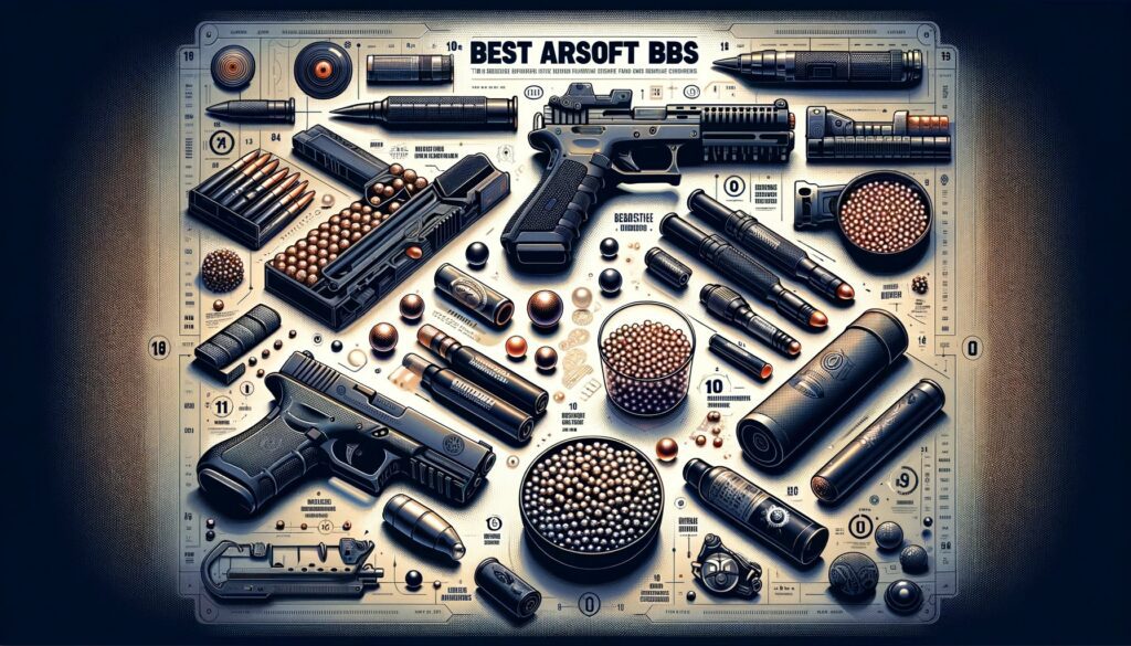 an informative and dynamic illustration displaying the 10 best airsoft BBs