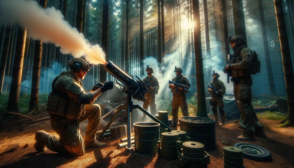 image capturing the power of airsoft mortars in an intense airsoft game setting. The scene is set in a dense forest with tall, thick trees and