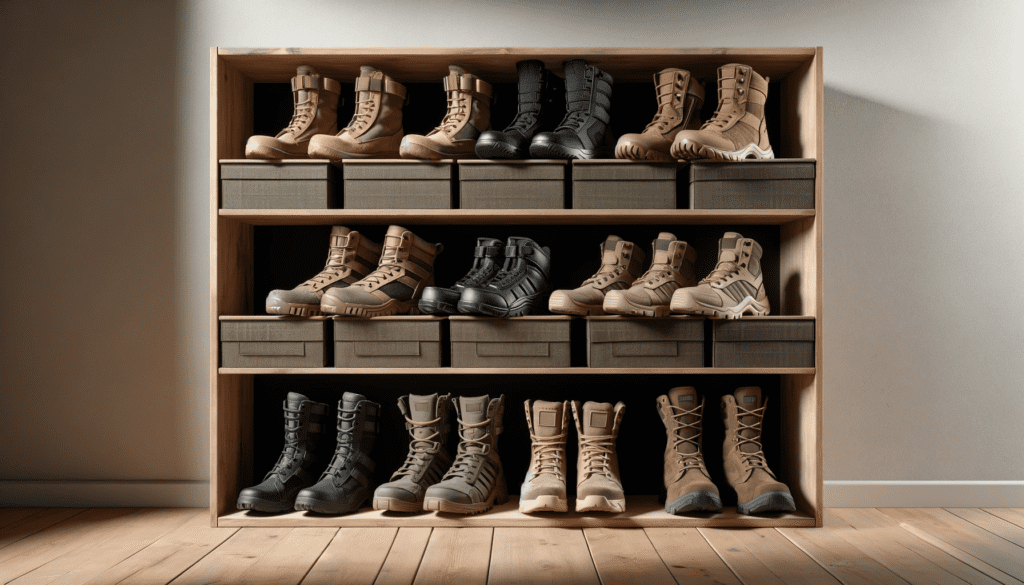 image depicting several pairs of airsoft boots placed neatly on a shelf. The shelf has a wooden texture, and the boots vary in design and