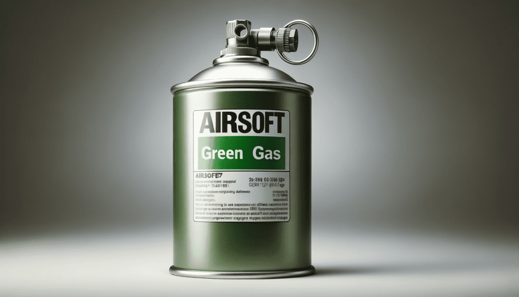 image showcasing a canister of airsoft green gas, designed for use in airsoft guns. The metal canister features clear labeling indicating