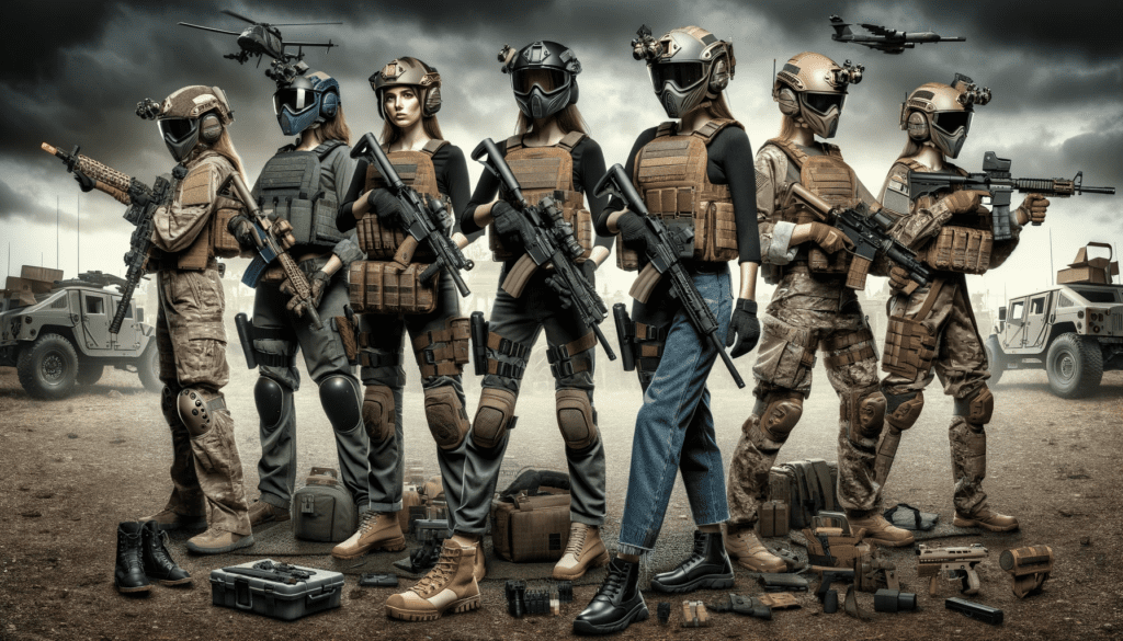 image showcasing the best airsoft gear tailored for female players in a dynamic airsoft field setting