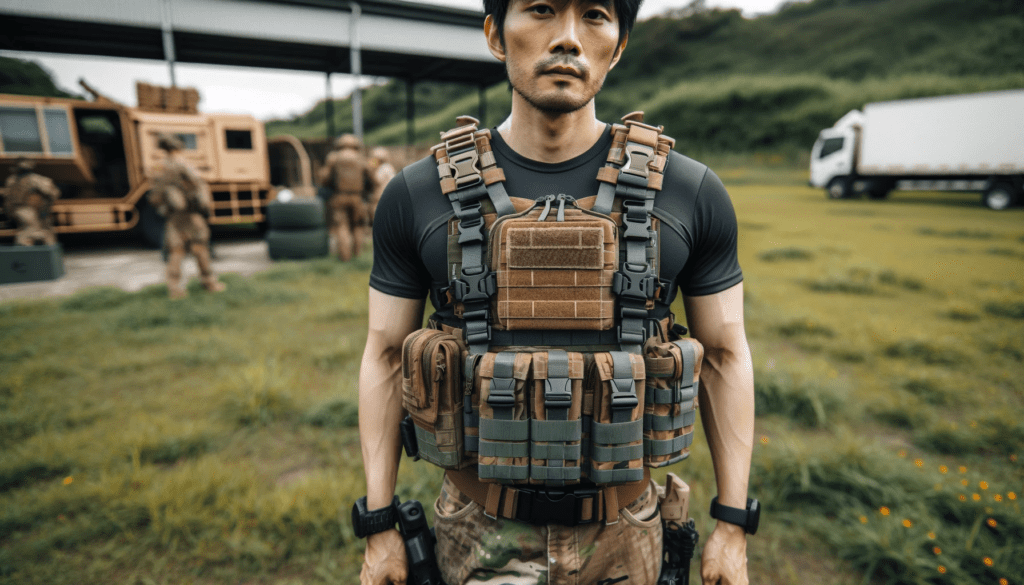 image showing a person wearing a Helikon-Tex Chest Rig for a review. The individual, of Asian descent, is dressed in tactical clothing and.png