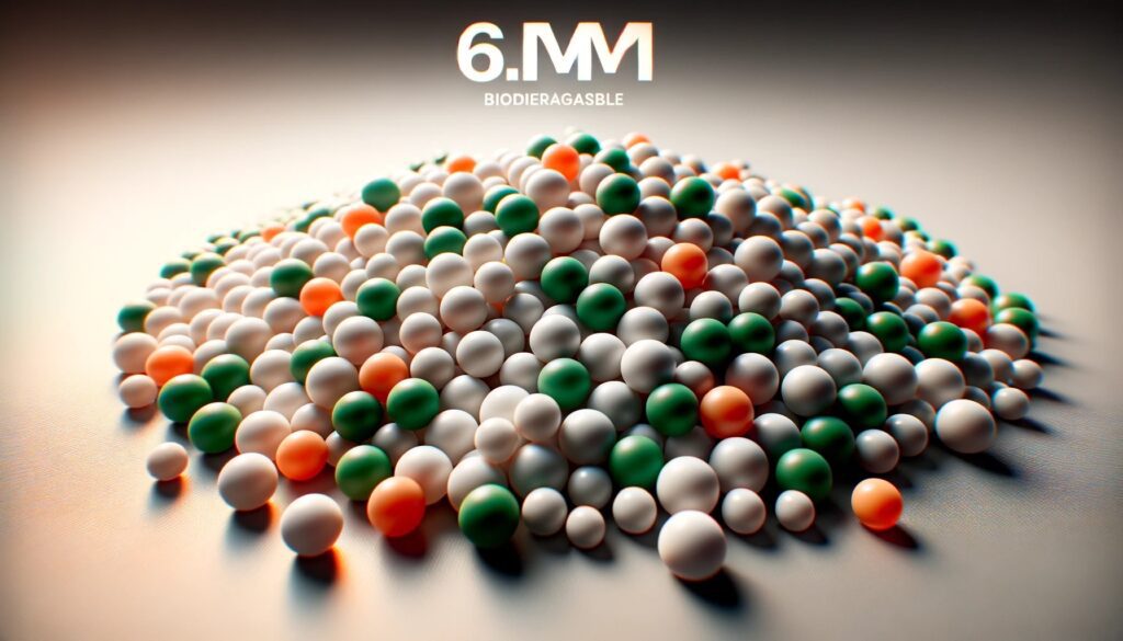 A 16_9 aspect ratio image displaying a close-up view of 6mm airsoft BBs. The BBs are shown in various colors, such as white, green, and orange