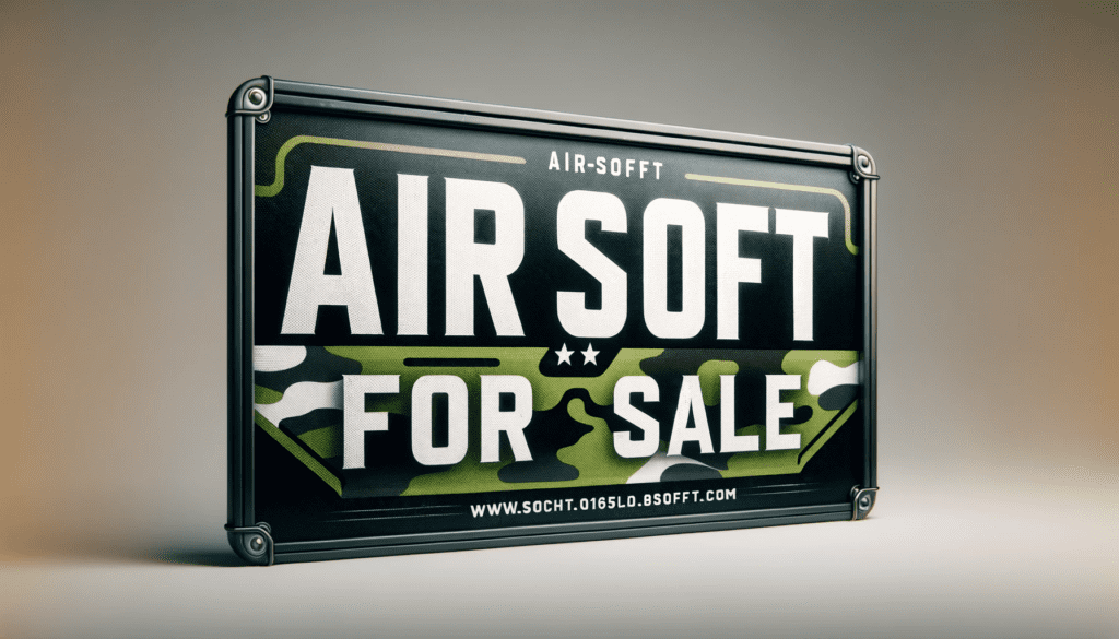 image of an 'Airsoft for Sale' sign in a 16_9 aspect ratio. The sign features bold, attention-grabbing text that says 'Airsoft fo