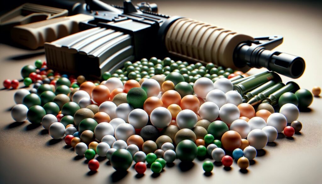 A 16_9 aspect ratio image displaying various types of airsoft ammunition. The image features a close-up view of airsoft BBs in different sizes