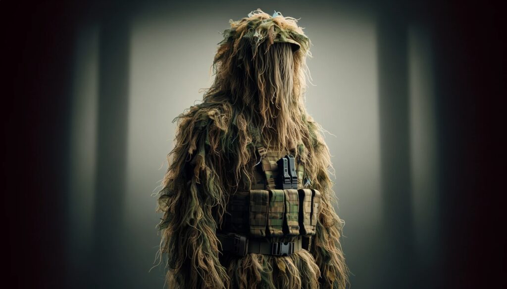 A 16_9 aspect ratio image showcasing an airsoft ghillie suit. The suit is designed for camouflage, featuring long strands and natural colors that blend