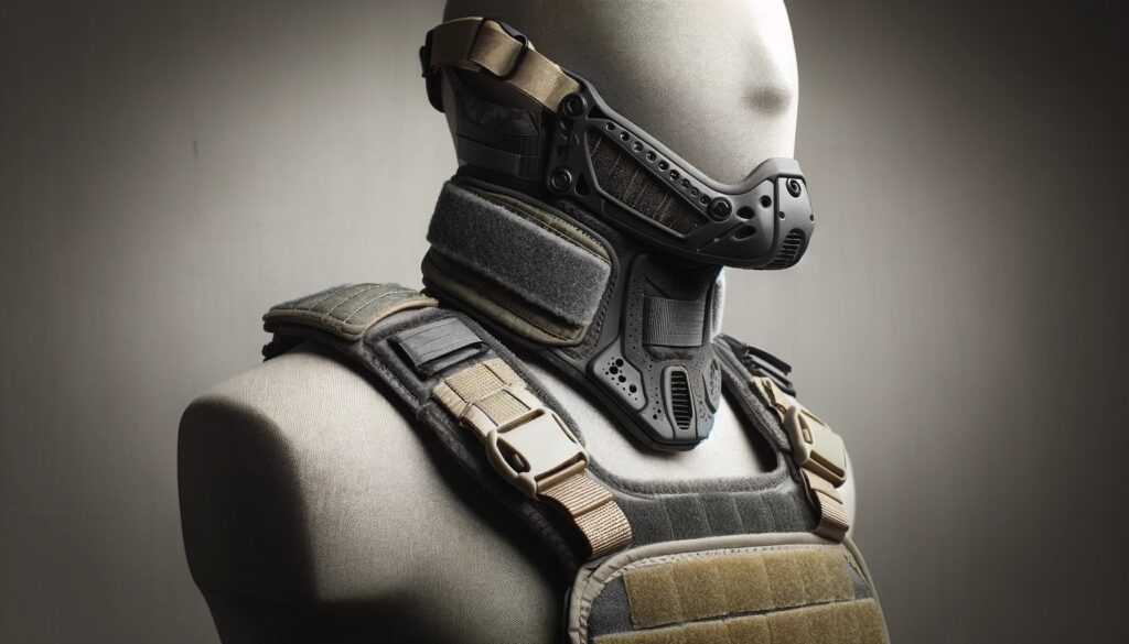 A 16_9 aspect ratio image showcasing airsoft neck protection gear. The gear is designed for safety and comfort, featuring padding and durable material.
