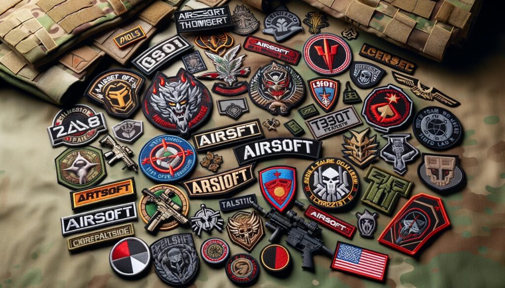 A 16_9 aspect ratio image displaying a collection of airsoft patches. The patches are diverse, featuring various designs, logos, and motifs