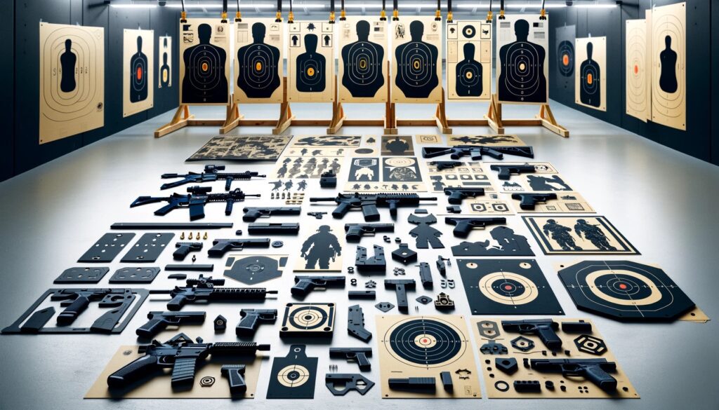 A 16_9 aspect ratio image showcasing various types of airsoft targets. The image features a range of targets used in airsoft training and practice, in
