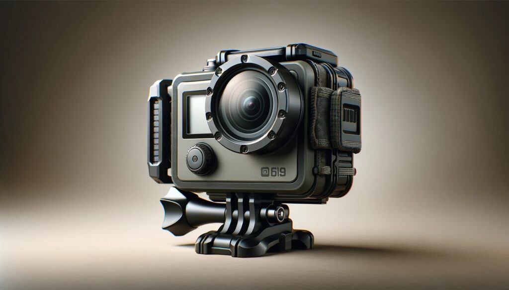 A 16_9 aspect ratio image showcasing the concept of the best airsoft camera. The camera is compact, rugged, and designed for mounting on airsoft gear