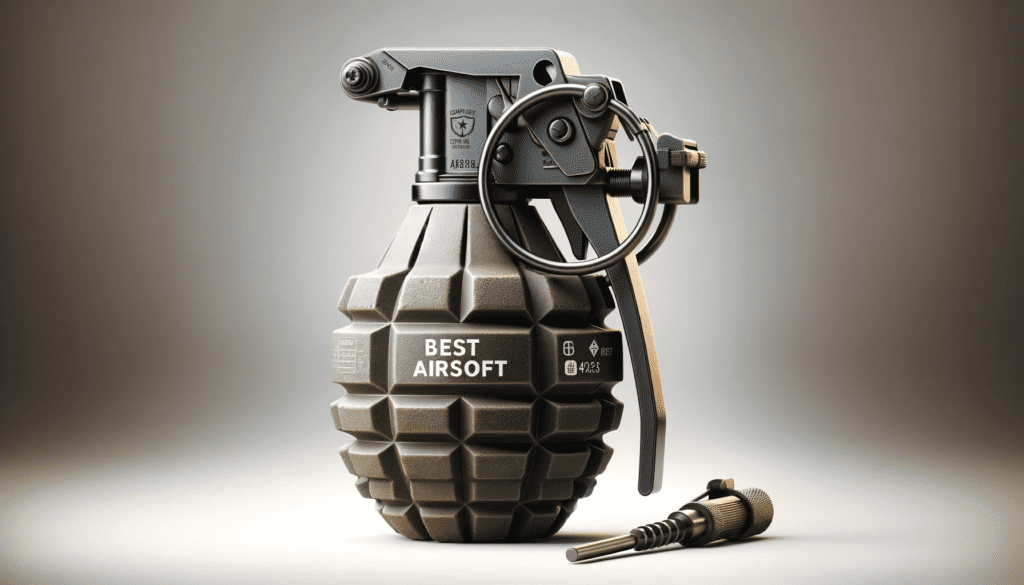 A 16_9 aspect ratio image showcasing the concept of the best airsoft grenade. The grenade is designed to look realistic, resembling actual tactical