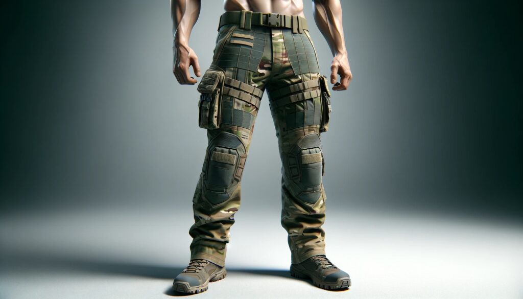 A 16_9 aspect ratio image showcasing a pair of high-quality airsoft pants. The pants are designed for durability and flexibility, featuring reinforced