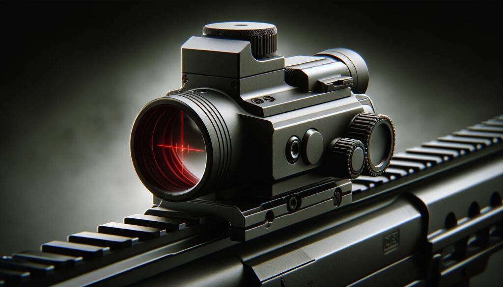 A 16_9 aspect ratio image showcasing an airsoft red dot sight. The sight is designed for precision and ease of use, commonly seen on airsoft rifles