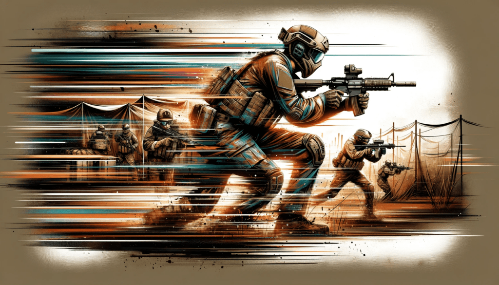 illustration of airsoft and speed. The image shows airsoft players in action, wearing tactical gear and moving swi